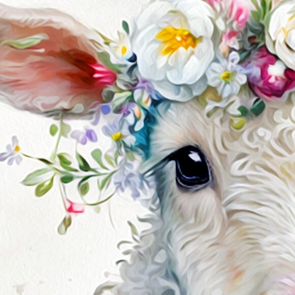 16x20 Baby Lamb Floral Crown Portrait Watercolor Oil Painting Art Poster - Picture 3 of 7
